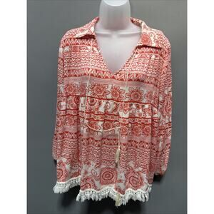 Ivy Jane Women’s Oversized Fringe Hem Floral Tunic Top BOHO, Medium Made USA